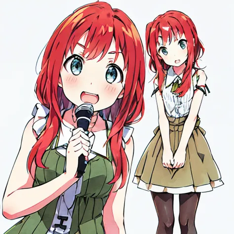 vocaloid, a  girl, redhead hair, quiff, white skin skin, freckles, gray-green eyes, small stature, whitebackground