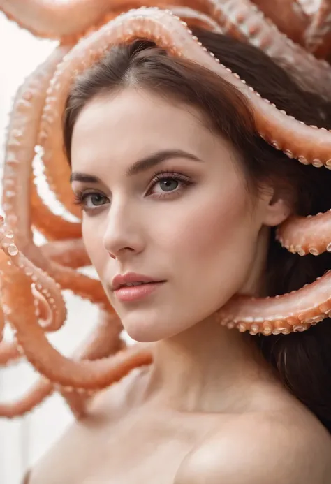 Octopus tentacles tightly wrapped around the beautiful womans face, side view, Beauty blush