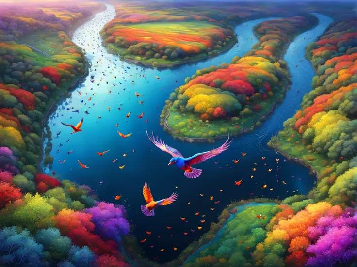 landscape, river, birds view, art by (Akrokan), mesmerizing digital painting, vivid colors, elaborate, breathtaking, chromatic nanotechnology, magnificent, iridescent particles, mesmerizing pattern of kaleidoscopic colors, nanotechnological display, vibran...