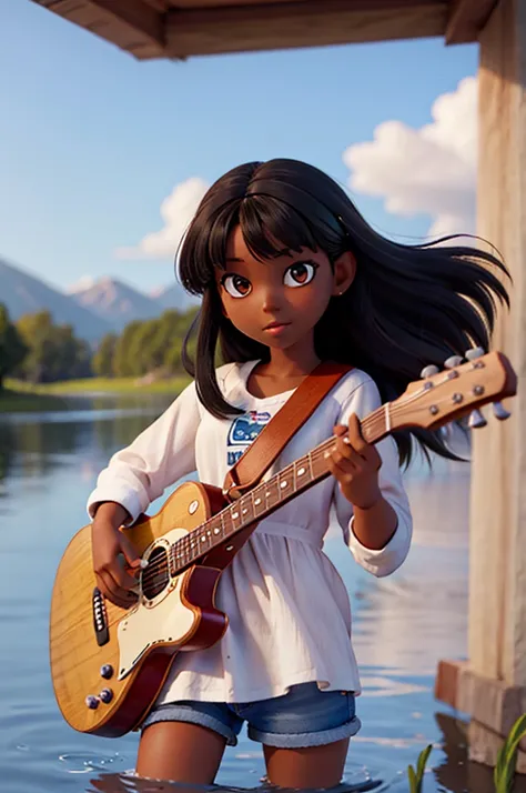 young dark skinned girl，with long black hair，Play guitar in the middle of the lake