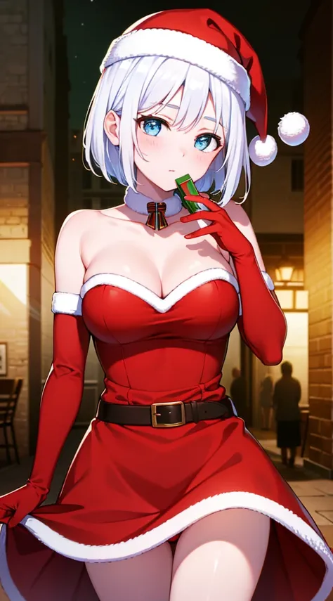 masterpiece, best quality, 1 solo girl, white hair, blue eyes, short hair, wavy hair, Christmas ornaments, medium breasts, mature body and face, red christmas dress, christmas, christmas light, christmas tree, red gloves, red santa skirt, holding gift, red...