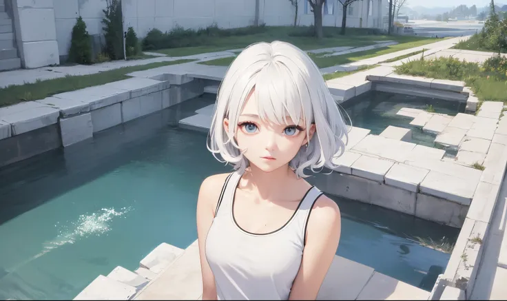 realistic, upper body, Top view, 1 girl, 20 years old, very short hair, short wavy hair, eyes visible through hair, beautiful white hair, extremely beautiful detailed anime face and eyes, happy, tank top, white Clothes, landscapes, extremely detailed, absu...