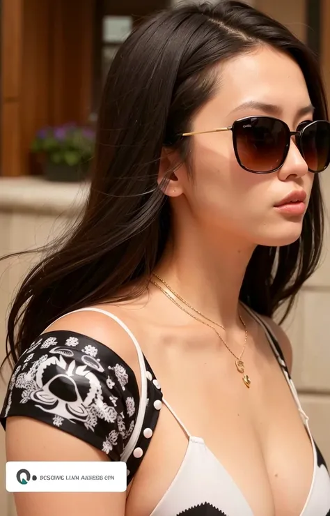 a close up of a woman wearing sunglasses and a black and white dress, gemma chen, with sunglass, with sunglasses, bella hadid, lulu chen, leaked image, bikini, wearing versace sunglasses, wearing mirrored sunglasses, profile shot, in sun glasses, wearing s...