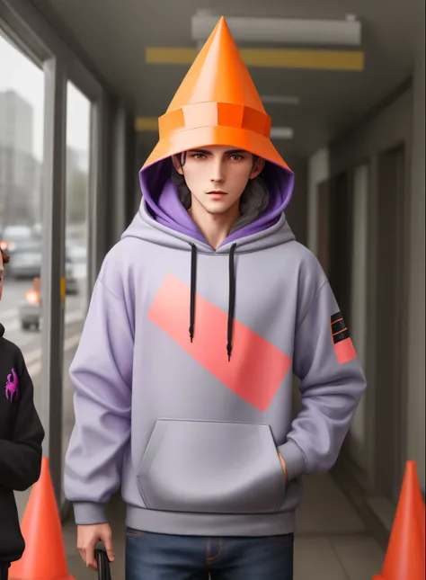 blueish purple spider humanoid with a pink traffic cone hat and a grey hoodie