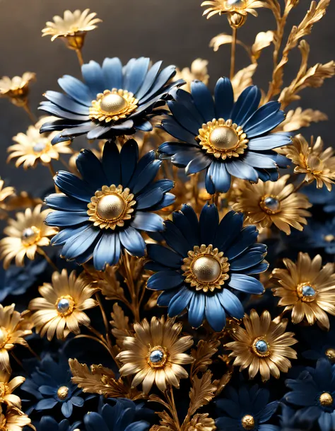 (daisy made of titanium）, each metallic daisy flower has cascading petals， ，gilded，rich metallic texture，they are dark blue，like...