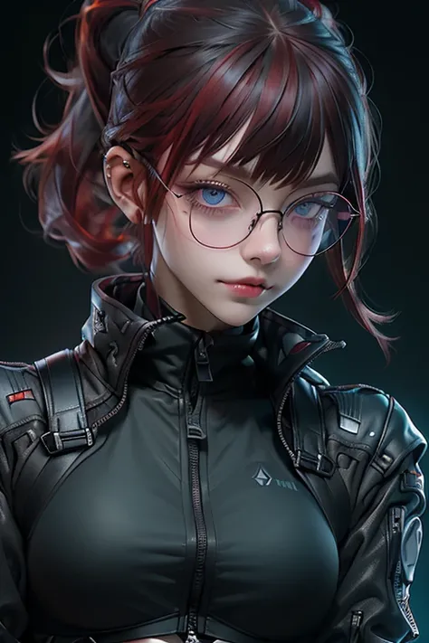 1nerdy girl with glasses, 28yo, blunt bangs hairstyle, (fringe cut bangs hairstyle), (The forehead is hidden by bangs), (((red hair))), ((boyish)), (((low pony tail))), asymmetrical hair, (((black-rimmed round glasses))), ((beautifully detailed face)), lon...