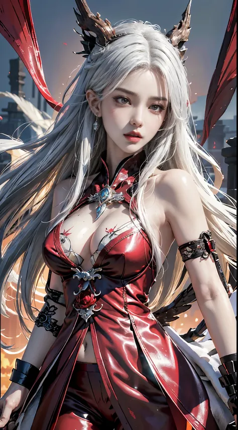 Realistic digital painting portrait of Shiranui Flare, (tmasterpiece:1.2), Best quality, looking at viewert, (exquisite detailing:1.5), Cute brunette hair, (hell:1.5), (devils:1.5), Torn cloth armor with brocade and chrome engraving, Complicated details, (...