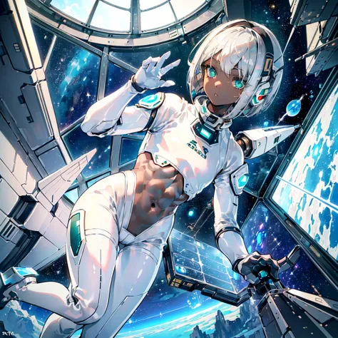 ((Masterpiece)), ((Best Quality)), ((Best Quality)), (Illustration of One Boy), Full Body, ((Bishonen)), (Mans Daughter), (Neutral), (((Silver Hair Bob Cut)), Hair Band, Green Eyes, (((Brown Skin)), (Toned Body), Abs, ((White Pilot Suit)), ((Inside the Spa...