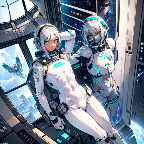 ((Masterpiece)), ((Best Quality)), ((Best Quality)), (Illustration of One Boy), Full Body, ((Bishonen)), (Mans Daughter), (Neutral), (((Silver Hair Bob Cut)), Hair Band, Green Eyes, (((Brown Skin)), (Toned Body), Abs, ((White Pilot Suit)), ((Inside the Spa...