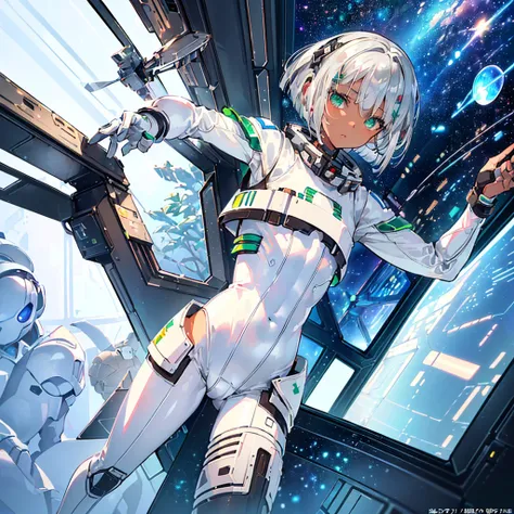 ((Masterpiece)), ((Best Quality)), ((Best Quality)), (Illustration of One Boy), Full Body, ((Bishonen)), (Mans Daughter), (Neutral), (((Silver Hair Bob Cut)), Hair Band, Green Eyes, (((Brown Skin)), (Toned Body), Abs, ((White Pilot Suit)), ((Inside the Spa...