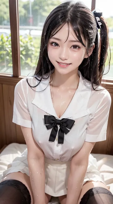 top-quality、masutepiece、超A high resolution)、、(Looking at the camera、Kamimei、a smile:1.3)、((hi-school girl、Semen、a wet body:1.2))、hotel、A dark-haired、bangss、Medium hair、kawaii faces、Beautiful eyes、(high-school uniform、bow ribbon、shirt、skirt by the、Black Kne...