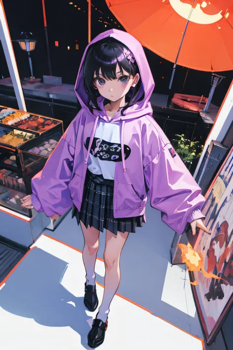 child，（​masterpiece，Highest Quality），Purple light hoodie，plaid skirts，A dark-haired，kyoto