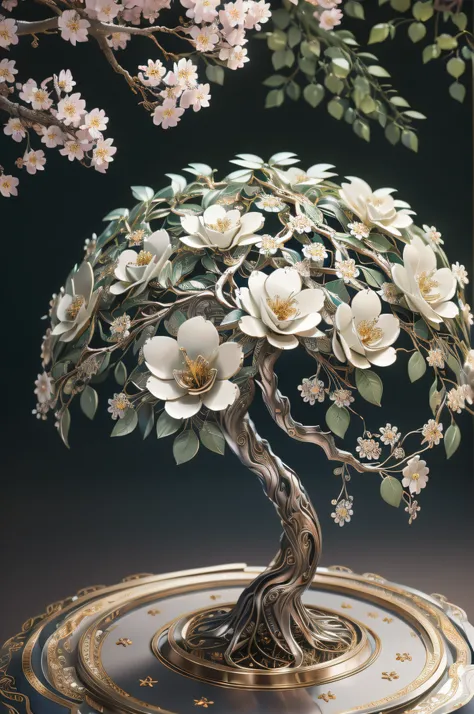 best quality, 8k, masterpiece: 1.2, ultra-detailed, realistic:  metalic tree with metal flowers (bright petals, delicate craftsm...