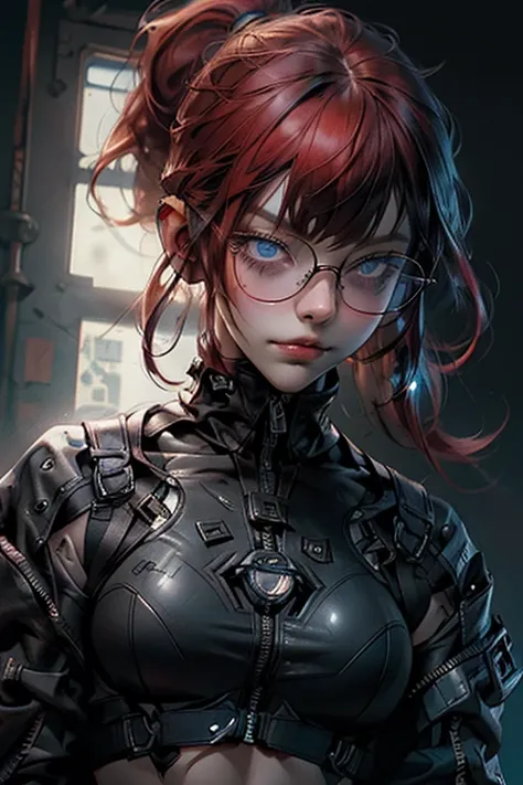 1nerdy girl with glasses, 28yo, blunt bangs hairstyle, (fringe cut bangs hairstyle), (The forehead is hidden by bangs), (((red hair))), ((boyish)), (((low pony tail))), asymmetrical hair, (((black-rimmed round glasses))), ((beautifully detailed face)), lon...