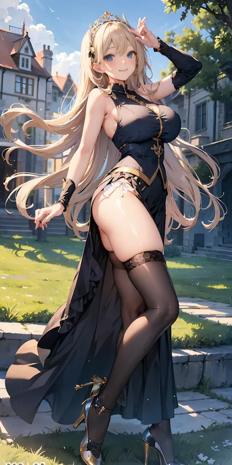 Adult Woman, Long dark blonde wavy hair、Black and blue dress, Puffy nipple、(Long flared skirt),、beautiful tiara、耳Nipple Ring、Medium milk, cute smile face、Poses that emphasize the buttocks、(turned around)、sexy hips、Black High Heels、a castle yard、sexy  pose、...