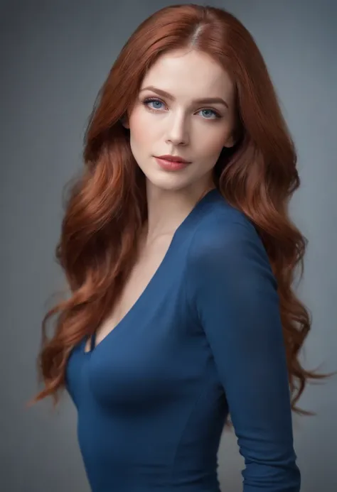 colorful effects in the background, office attire, blue and red bodysuit, flowing hair,  light grey eyes, thin waist, beautiful redhead, flowing, (masterpiece), ((highest quality)), (super detailed), woman, clean and detailed face, five fingers, textile sh...