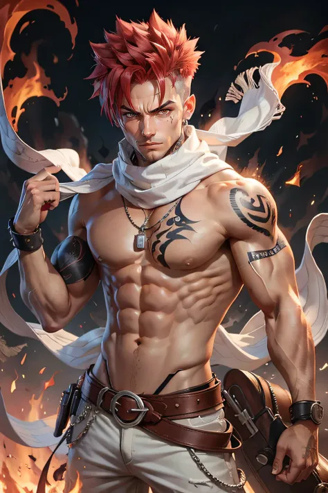 scarf, 1boy, male focus, abs, fire, solo, tattoo, white scarf, belt, navel, pants, closed mouth, muscular, red hair, spiked hair, looking at viewer, open clothes, vest, black background, cowboy shot, serious, sanpaku, pectorals, sleeveless, wristband, whit...