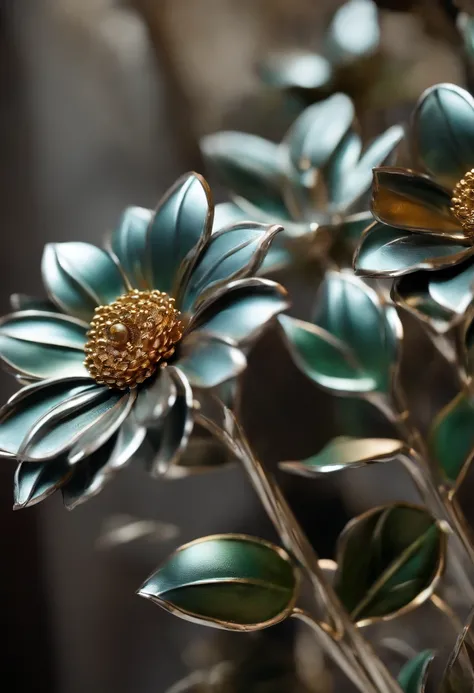 (detailed metal flowers,shiny metallic petals,delicate steel stems,realistic,photorealistic:1.37),industrial,botanical,craftsmanship,ornate design,macro photography,vibrant colors,soft lighting,unique composition,contrasting textures,daylight