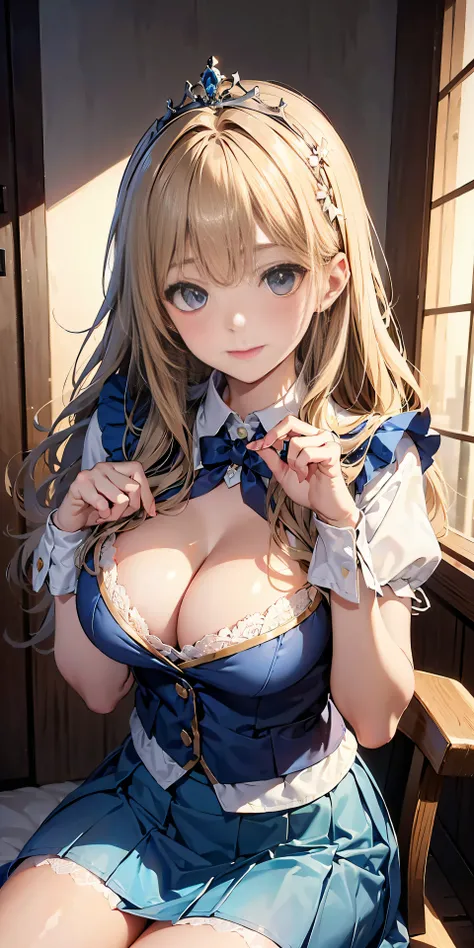 Adult Woman, Long dark blonde wavy hair、Blue Dress, Puffy nipple、(Long flared skirt),、beautiful tiara、耳Nipple Ring、Medium milk, cute smile face、Kamimei、cleavage of the breast、Princesss Room、sit a chair、sexy  pose、(((Flip the skirt with your hands)))、sexy y...