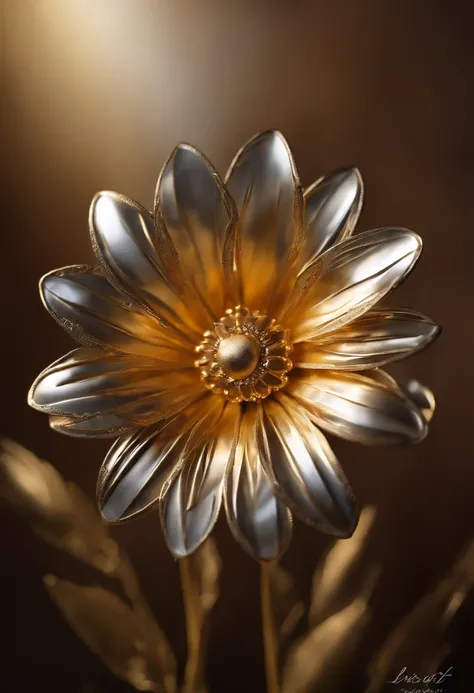 (detailed metallic flower, shiny metallic petals, delicate steel stems, realistic, photorealistic: 1.37), industrial, botanical, craft, ornate design, macro photography, vibrant colors, soft lighting, unique composition, contrasting textures, daylight