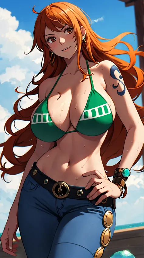 nami (one piece), 1girl, bangle, bangs, bare shoulders, belt, bikini, bikini top only, bracelet, breasts, brown eyes, bubble, cleavage, denim, earrings, floating hair, green belt, green bikini, groin, jeans, jewelry, (large breasts:1.9), (big breast:1.3), ...