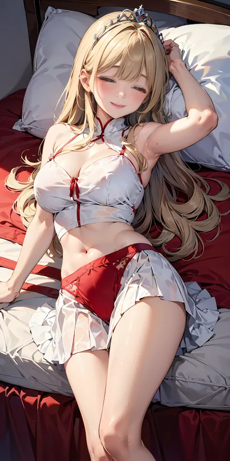 Adult Woman, Long dark blonde wavy hair、White Dress, Puffy nipple、(Long flared skirt),、beautiful tiara、耳Nipple Ring、Medium milk, cute smile face、on the princess bed、sexy  pose、((Sexy red panties))、((Sleeping on the bed、Head on pillow))