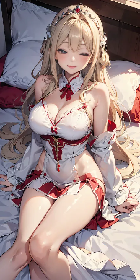 Adult Woman, Long dark blonde wavy hair、White Dress, Puffy nipple、(Long flared skirt),、beautiful tiara、耳Nipple Ring、Medium milk, cute smile face、on the princess bed、sexy  pose、((Sexy red panties))、((Sleeping on the bed、Head on pillow))