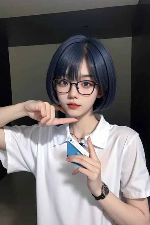 18 years old korean white guy, has pointy nose, has blue normal eyes but not too blue, wear thin glasses, juicy lips, wearing a watch, wearing black polo, korean pixie cut with long bangs at the front.