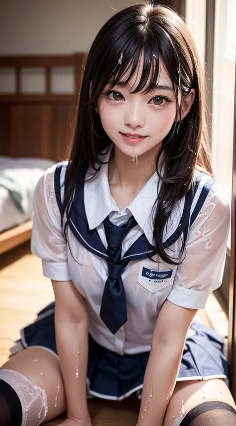 top-quality、masutepiece、超A high resolution)、、(Looking at the camera、Kamimei、a smile:1.3)、((hi-school girl、Semen、a wet body:1.5))、hotel、A dark-haired、bangss、Medium hair、kawaii faces、Beautiful eyes、(high-school uniform、shirt、skirt by the、Black Knee High Sock...