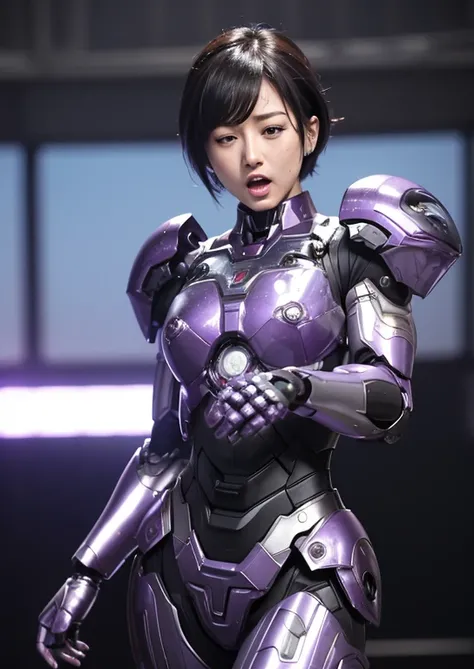 Female Iron Man(purple and black)、The sheen、short cut hair、Textured skin, Super Detail, high details, High quality, Best Quality, hight resolution, 1080p, hard disk, Beautiful,(Gundam),beautiful cyborg woman,Mecha Cyborg Girl,Battle Mode,Girl with a Mecha ...