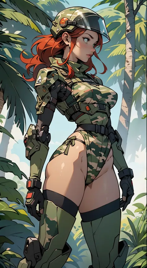 1woman 20 years old, max resolution, crisp lines, sculpted, military, wearing a soldier helmet, beautiful, perfect body, red hair, perfect body, thin waist, wide hips, large breasts, slim thighs, jungle background, armored vehicle, flying fighters, militar...