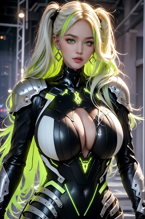 (masterpiece), best quality, expressive eyes, perfect face, beautiful details face, beautiful round eyes, upper body, A beautiful mature woman in cyber armour suit shows her Extremely busty and attractive breasts, (arrogant face), (light green hair), (twin...