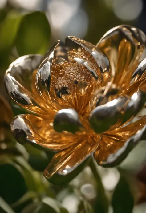 (detailed metallic flower, shiny metallic petals, delicate steel stems, realistic, photorealistic: 1.37), industrial, botanical, craft, ornate design, macro photography, vibrant colors, soft lighting, unique composition, contrasting textures, daylight