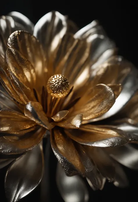 (detailed metallic flower, shiny metallic petals, delicate steel stems, realistic, photorealistic: 1.37), industrial, botanical, craft, ornate design, macro photography, vibrant colors, soft lighting, unique composition, contrasting textures, daylight