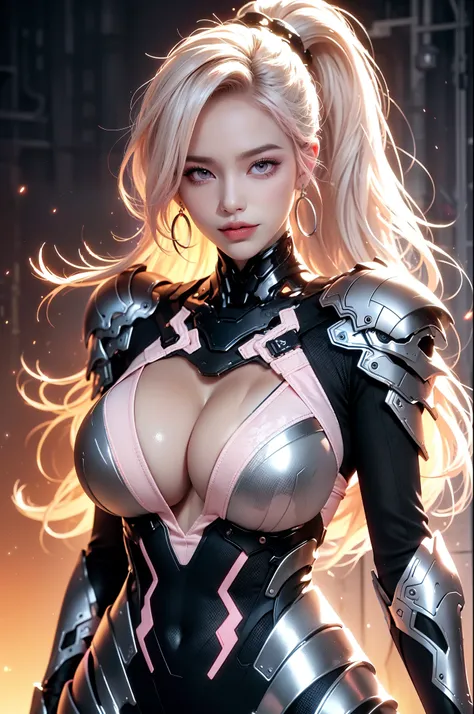 (masterpiece), best quality, expressive eyes, perfect face, beautiful details face, beautiful round eyes, upper body, A beautiful mature woman in cyber armour suit shows her Extremely busty and attractive breasts, (light smile), (platinum pink hair), (high...