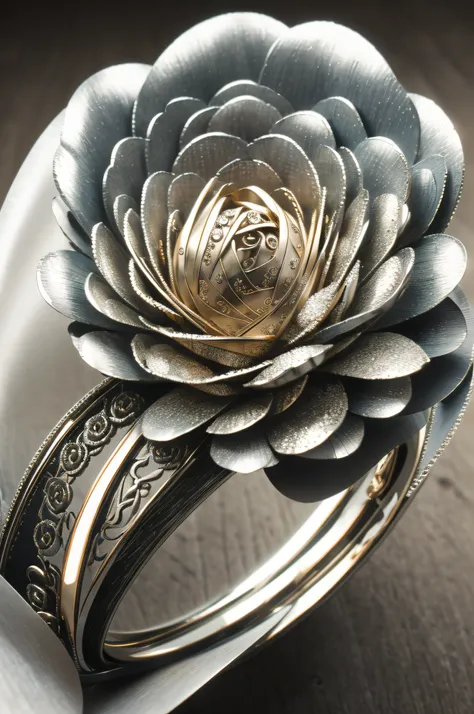 best quality, 8k, masterpiece: 1.2, ultra-detailed, realistic: a metal flower ring (shiny petals, delicate craftsmanship, detail...