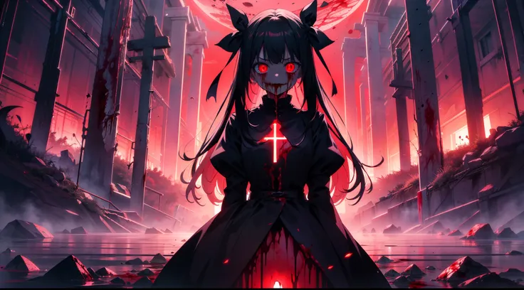 1 loli girl ,standing, lots of crosses ,wide shot, (((red lighting))) ,(((blood sea))) , outdoor, symmetry , concept art, cinematic lighting , cinematic angle , (rape face) ,black long straight hair, black hair, hair ribbon , red eyes,black dress, (glowing...