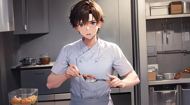 ​masterpiece、hightquality、25 year old man with short brown hair and blue eyes、Like a cartoon in Japan、wearing a white chef&#39;s uniform、(Alone:1.5)、(Very surprised expression:1.1)、(Only the upper body is shown.:1.3)、The background is the kitchen、Making sw...