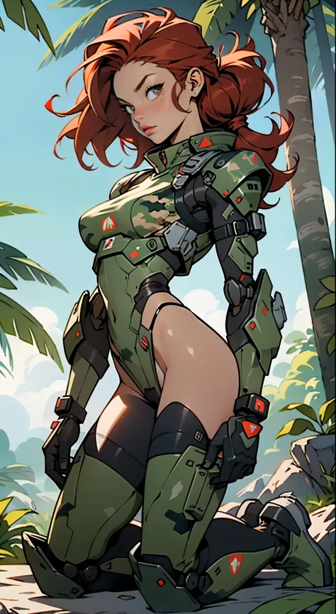 1woman 20 years old, max resolution, crisp lines, sculpted, military, wearing a soldier helmet, beautiful, perfect body, red hair, perfect body, thin waist, wide hips, large breasts, slim thighs, jungle background, armored vehicle, flying fighters, militar...