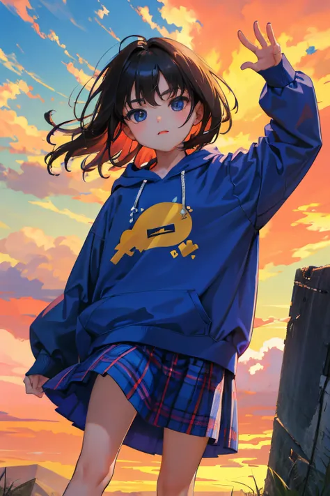 (child:1.2)，（​masterpiece，Highest Quality），Short sleeve hoodie，plaid skirts，A dark-haired，The wind is blowing，World of toys