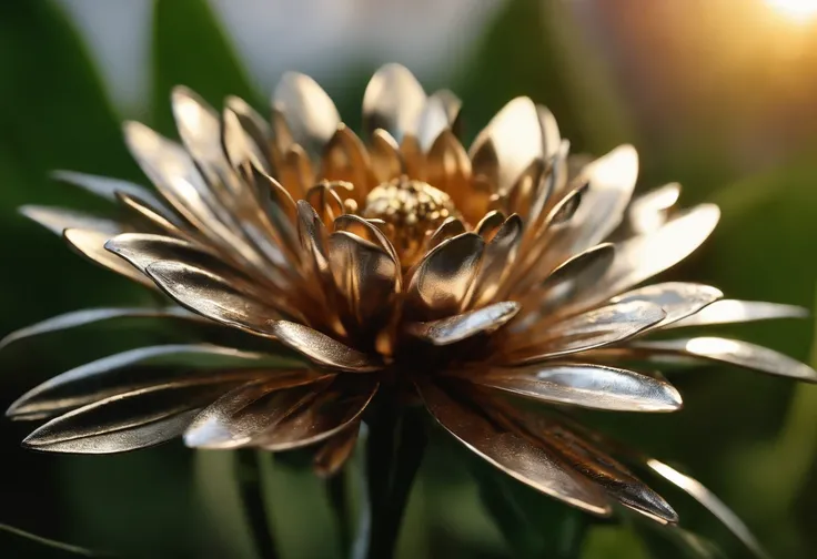 (detailed metallic flower, shiny metallic petals, delicate steel stems, realistic, photorealistic: 1.37), industrial, botanical, craft, ornate design, macro photography, vibrant colors, soft lighting, unique composition, contrasting textures, daylight