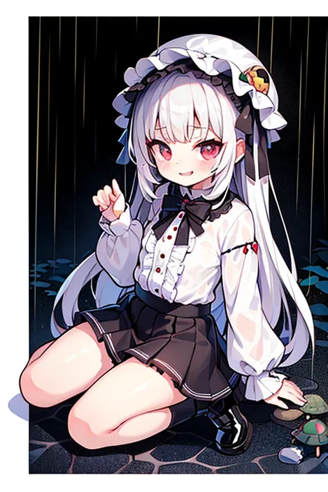 8K quality，silber hair,Red-eyed girl,Cute Baby Turtle ,long whitr hair,Heartwarming,mini-skirts,Lolita prostitute,A smile,Thumbnail style，Shirt with rain pattern cut by black clouds，fluffy ,FULL-BODY ESBIAN,embarrassing expression