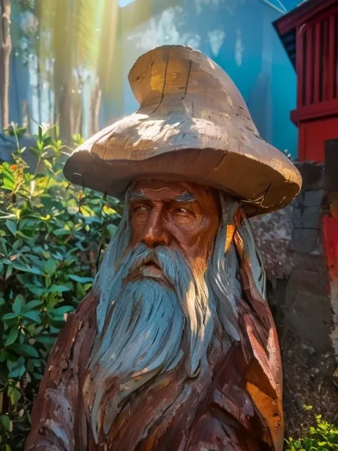 plowed wood sculpture of a man with hat and beard, wooden statue, escultura de madeira, escultura em madeira, Thematic Assistant, of an evil tree wizard, arte em madeira, mago masculino, escultura feita de madeira, gandalf from lord of the rings, Retrato d...