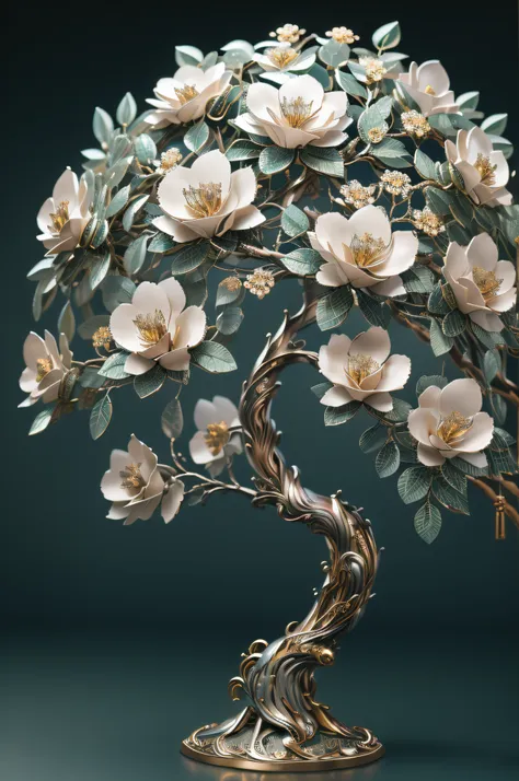 best quality, 8k, masterpiece: 1.2, ultra-detailed, realistic:  metalic tree with metal flowers (bright petals, delicate craftsm...