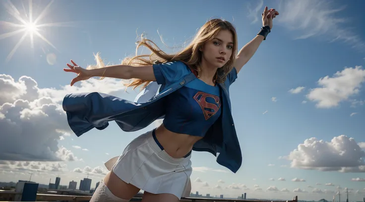 (cowboy shot), sfw, (masterpiece), (best quality:1.0), (ultra highres:1.0), detailed eyes,
BREAK
Supergirl, 1girl, long blonde hair, midair, flying
hairband, (white) crop top, short sleeves, cape, blue pencil skirt, gloves, boots
BREAK
(clouds, city, gorge...