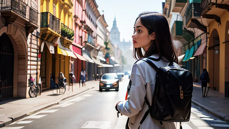 A woman, a 25-year-old European backpacker with dark hair, is portrayed in a medium wide shot, walking on the streets, showing the city and the atmosphere as well. The camera captures her from behind, with her head turned towards the camera. The location i...