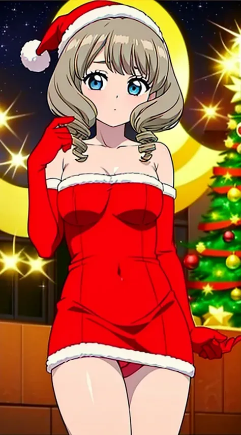 masterpiece, best quality, 1 solo girl, grey hair, blue eyes, long hair, wavy hair, Christmas ornaments, medium breasts, mature body and face, red christmas dress, christmas, christmas light, christmas tree, red gloves, red santa skirt, holding gift, red b...