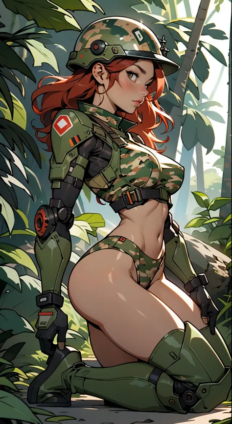 1woman 20 years old, max resolution, sculpted, military, wearing a soldier helmet, beautiful, perfect body, red hair, perfect body, thin waist, wide hips, large breasts, slim thighs, jungle background, armored vehicle, military robot dog, camouflaged unifo...