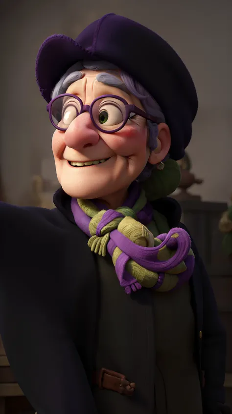 masterpiece, best quality, an old woman with glasses and a scarf on, wearing a purple coat and green scarf, standing at the park