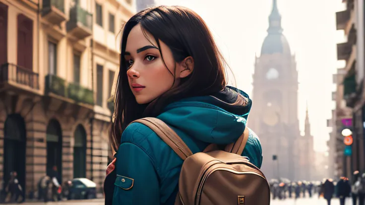 A woman, a 25-year-old European backpacker with dark hair, is portrayed in a wide medium close-up shot. The camera captures her from behind, with her head turned towards the camera. The location is set in the vibrant city of Bogotá, Colombia. Being a backp...